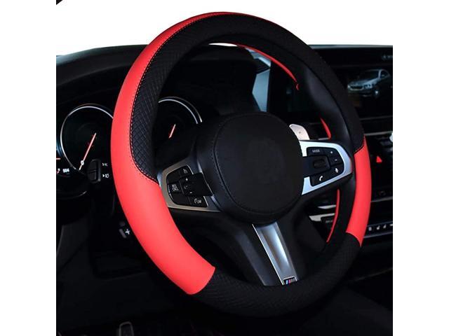 Car Steering Wheel Cover Leather Universal 15 Inch Fit Anti-Slip & Odor-Free (Black & Bright Red)