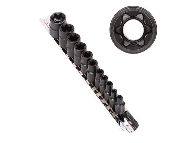 11 PC Female E-TORX Star Socket Set with Rail Female External Star Socket Set E4 - E20 Torque Socket Set