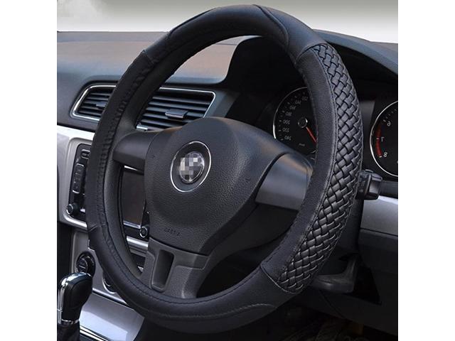 Top Leather Steering Wheel Cover Universal Fit Soft Breathable Steering Wheel Wrap (Black)