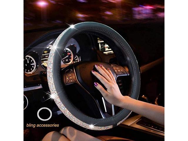 Diamond Leather Steering Wheel Cover with Bling Bling Crystal Rhinestones Universal Fit 15 Inch Car Wheel Protector for Women Girls (Black with