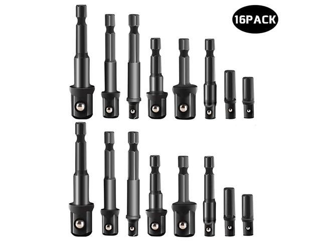 16PC Socket Adapter Impact/Extension Set Hex Shank Drill Bits Bar Set Drill Adapter Set 1/4' 3/8' and 1/2' Drive for Automotive DIY and Home