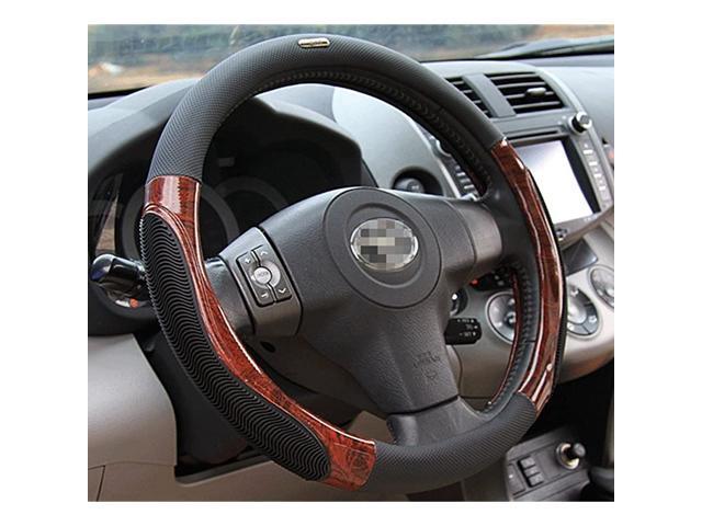 Top Leather Steering Wheel Cover Universal Fit Soft Breathable Steering Wheel Wrap (Black Wood)