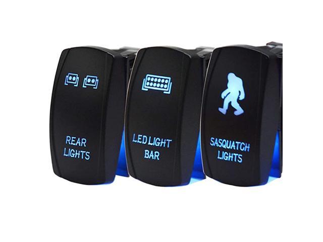 Rocker Switch 3PCS Laser Sasquatch & Rear & LED Lights Toggle Switch Blue Compatible with ATV UTV Polaris RZR Can-am Honda Yamaha Can-AM Maverick
