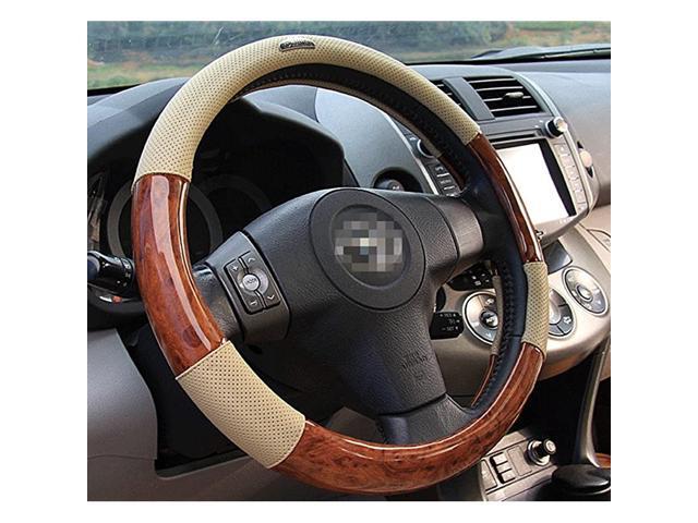 Top Leather Steering Wheel Cover Universal Fit Soft Breathable Steering Wheel Wrap (Wood 2)