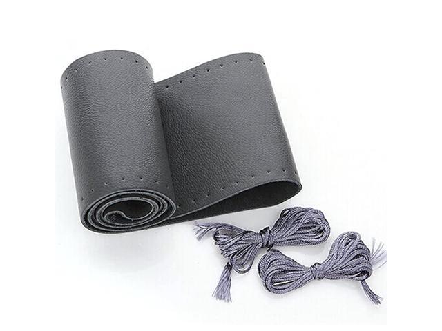 Universal Car Steering Wheel Cover Genuine Leather Stitch On Wrap (Size M Gray)