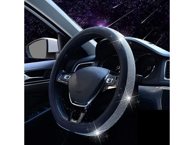 D Shaped Steering Wheel Cover Crystal Diamond Rhinestone Black Sliver Leather Flat Bottom Cut for Women Universal 15 inch Better Grip