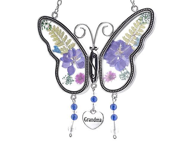 Butterfly Suncatcher with Pressed Colourful Flower Wings Mom Mothers Day Butterfly Glass Wind Chime Ornament Charm with Metal Heart Gifts for Mom
