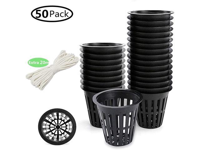 50 Pack Plant Nursery Net Pots 3 Inch Plastic Net Cups for Hydroponics Reusable Heavy Duty Wide Lip Round Bucket Basket with 20m SelfWatering