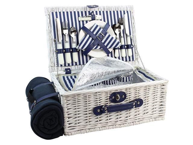 Basket Willow for 4 Persons Large Wicker Hamper Set with Big Insulated Cooler Compartment Free Fleece Blanket with Waterproof Backing and Cutlery