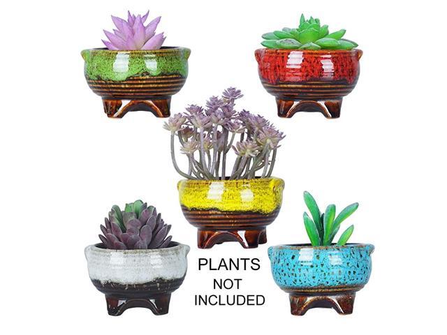 4 Inch Ceramic Succulent Plant Pots Mini Cactus Planter Pots Tripod Glazed Flower Pots with Drainage Tiny Plant Containers Perfect for Desk or