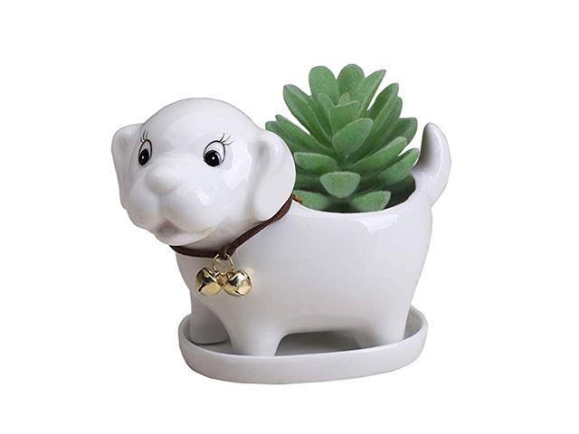Cute Dog Succulent Planter Pot with Drainage Tray White Ceramic FlowerCactus Container Animal Bonsai Holder for Indoor Plants