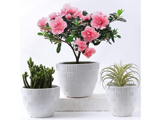 Flower Pot Set 6+5+4 inch Pearl White Anti Slip Glazed Ceramic Plant Pots with Drainage Hole and Accessories for Indoor Planters Outdoor Garden and