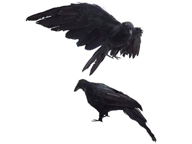 Realistic Crows Lifesize Extra Large Handmade Black Feathered Crow for Halloween Decorations Birds L 13 inch+12 inch