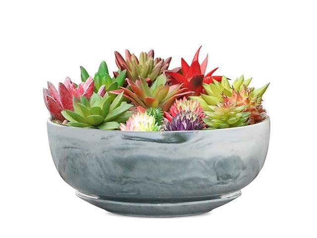 8in Marble Pattern Large Round Succulent Planter Pot Modern Flower Pot Indoor and Outdoor Planter with Marble Tray