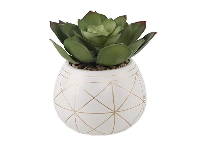 Mid Century Artificial Plants Artificial Succulent in 65 Inch Round Geometric Hand Painted Planter with Legs65quot Round WhiteGold Line for Desk