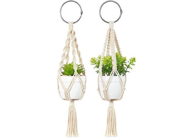 Mini Macrame Plant Car Hanging Handmade Rear View Mirrior Charm Car Decorations Boho Hanging Planter with Pot and Plant for Car Home Decor Wedding