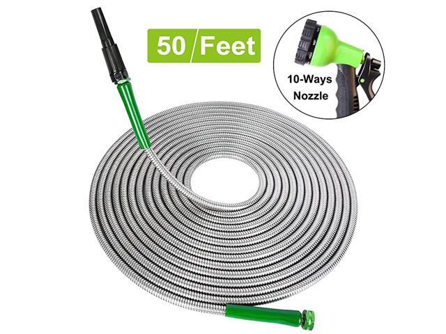 50 Feet 304 Stainless Steel Metal Garden Hose 10Ways Spray Nozzle One More Adjustable Nozzle Leakproof GasketAntiCorrosion Kinkproof Water Hose
