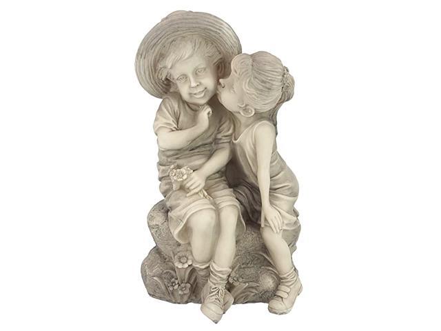 Kissing Kids Boy and Girl Garden Decor Statue 14 Inch Polyresin Antique Stone