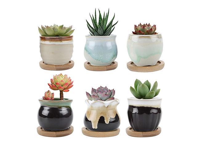 Small Ceramic Succulent Planter Pots with Bamboo Tray Set of 6 Sagging Glazed Porcelain Handicraft as Gift for Mom Sister Aunt Best for Home Office