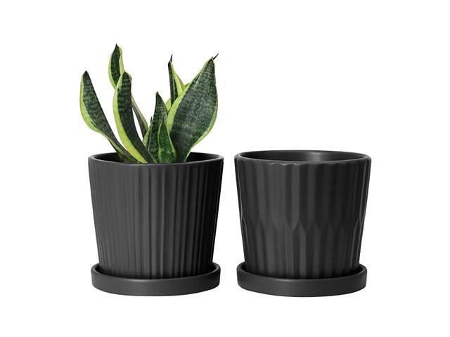Medium Plant Pots 6 Inch Black Cylinder Ceramic Planters with Attached Saucers Two Line Grain Great House and Office Decor Set of 2