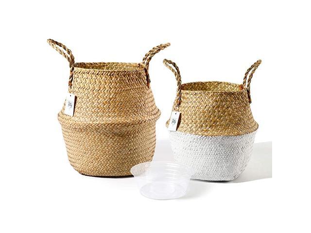 720201 Seagrass Plant Basket Set of 2 Hand Woven Belly Basket with Handles Middle Storage Laundry Picnic Plant Pot Cover Home Decor and Woven Straw