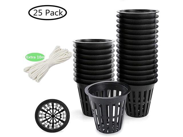 25 Pack Plant Nursery Net Pots 2 Inch Plastic Net Cups for Hydroponics Reusable Heavy Duty Wide Lip Round Bucket Basket with 10m SelfWatering