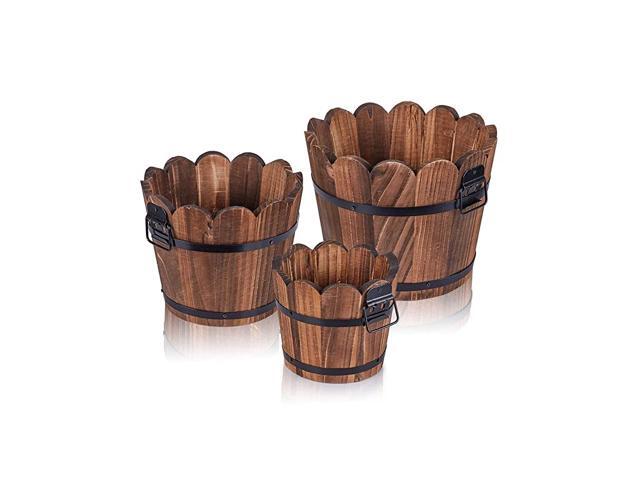 Wooden Bucket Barrel Planters Rustic Patio Planters Flower Pots for Plants Indoor Décor Set of 3