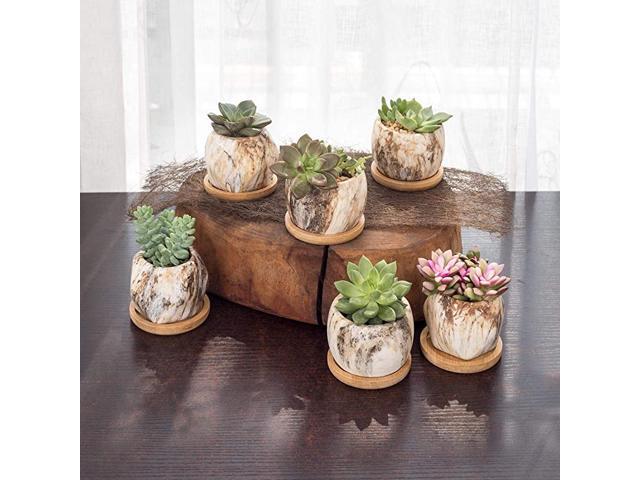 25 Inch Succulent Garden Pot with Bamboo Tray Small Ceramic Marble Windowsill Plant Pot Cactus Herb Planter for Home and Office Decoration Birthday