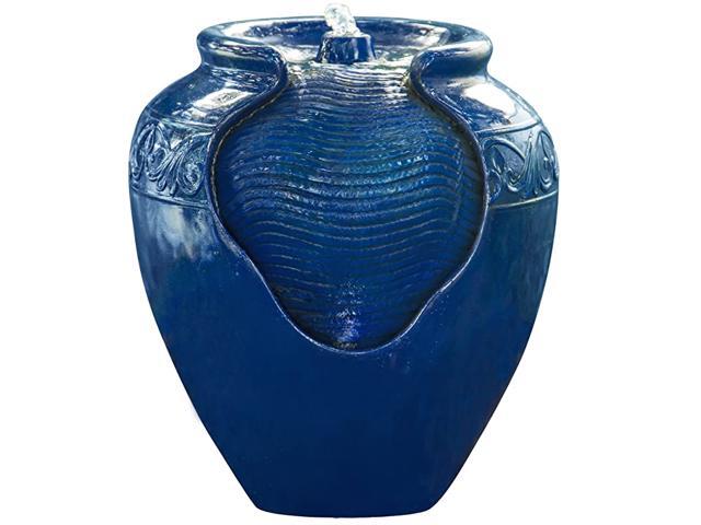 OutdoorIndoor Floor Water Glazed Pot Fountain with Led Light and Pump for Patio Garden Backyard Decking 17quot Height Royal Blue