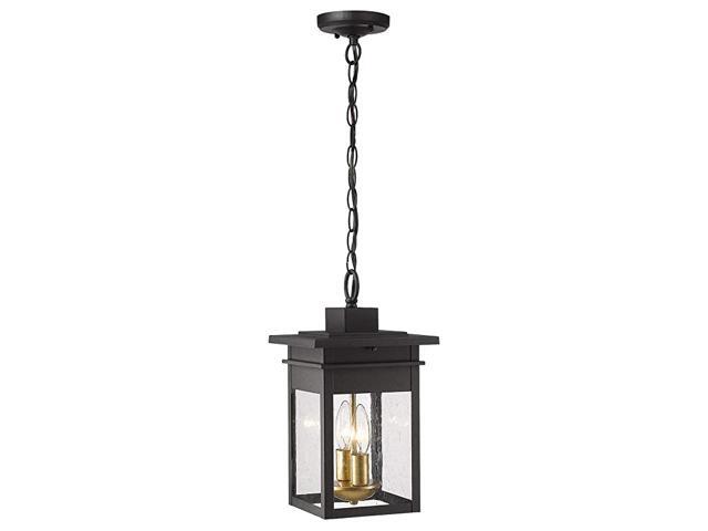 2Light Outdoor Hanging Lights for Porch 14 inch Exterior Pendant Light Fixtures Black and Gold Finish with Seeded Glass 20072H2