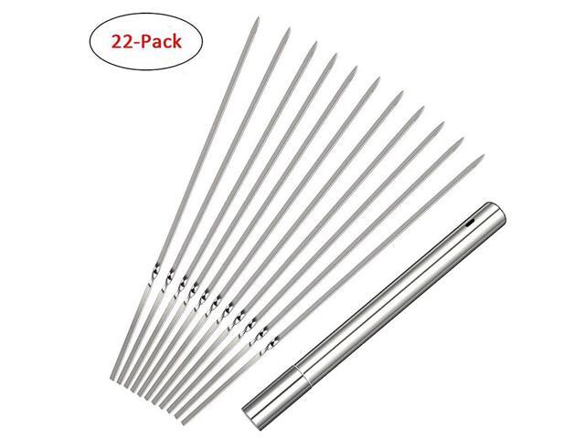 22 Pack Stainless Steel BBQ Barbecue Skewers Flat Metal Roasting Fork Grilling Kabob Skewers Set Reusable BBQ Sticks with Portable Storage Tube For