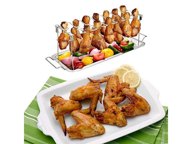 1 Set Chicken Leg Wing Grill Rack 14 Slots Stainless Steel Metal Roaster Stand with Drip Tray for Smoker Grill or Oven NonStickDishwasher Safe for