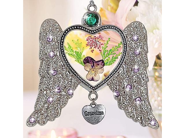 Grandma Suncatcher Angel Wings Sun Catcher with Real Dried and Pressed Flowers Heart Charm Engraved with Grandma for Grandmother