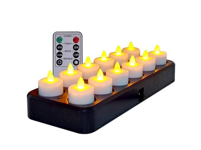 Inductive Rechargeable LED Tealight Candles Flameless with Timer Remote Set of 12 Amber Yellow Light