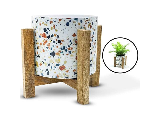 ExquisiteHome Indoor Planters Handmade from Metal with Wooden Stands Small Standing Planter Pots for Plants Indoor Suitable for Succulents Herbs