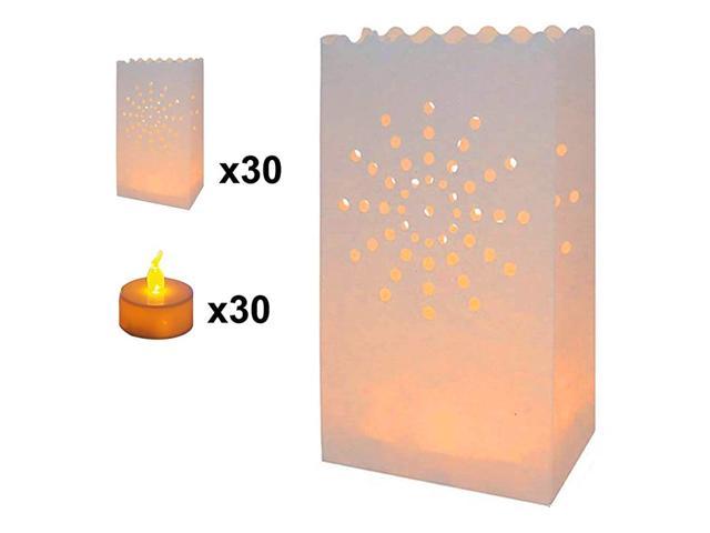 30Set Luminary Bag with Candles Flameless Tea Lights Fire Resistant Paper Decoration for Wedding Gift for Mothers Day Ramadan Star Design for