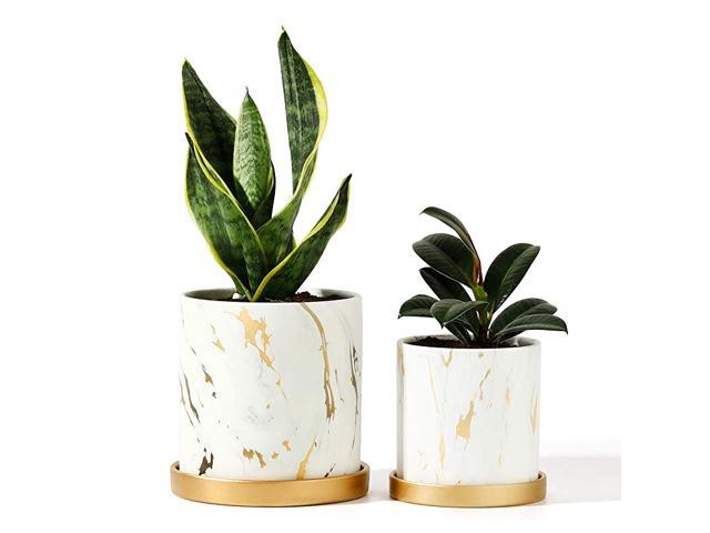 Ceramic Flower Plants Pots Planter 38 Inch + 51 Inch Marble Container Drainage with Sacuer Indoor Herb Garden Bonsai Planting Set of 2 White