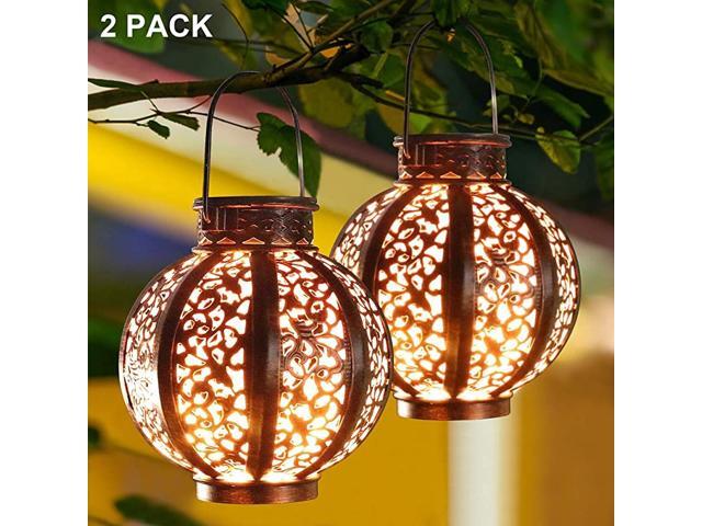 2 Pack Hanging Solar Lanterns Retro Solar Lights with Handle Outdoor Solar Garden Lights Decor for Yard Tree Fence Patio 6 Lumens Brown
