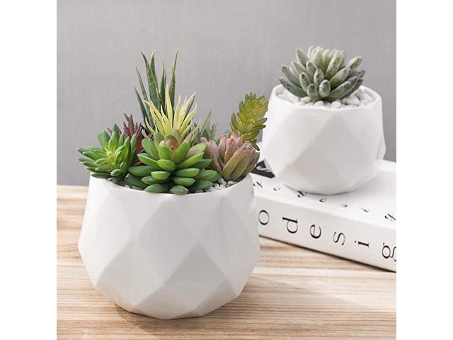 Geometric White Glazed 5Inch and 6Inch Ceramic Planter Pots 2 Piece Set