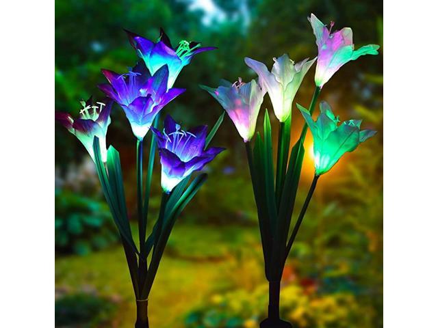 Outdoor Solar Garden Stake Lights 2 Pack Solar Powered Lights with 8 Lily Flower Multicolor Changing LED Solar Decorative Lights for Garden Patio