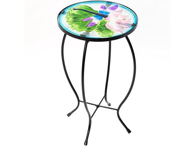 Side Table Outdoor Garden Patio Metal Accent Desk with Round Hand Painted Glass Blue