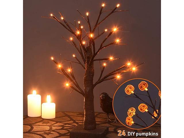 24 LED Lighted Halloween Tree Battery Operated Birch Tree with 24 DIY Pumpkins Indoor Home Table Desktop Best Halloween Decorations Gift Package