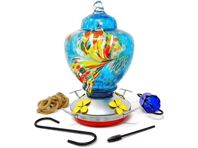 Feeder HQ Blown Glass High Capacity Nectar Vibrant Colors Attract s Free Mounting Kit Blue Burst