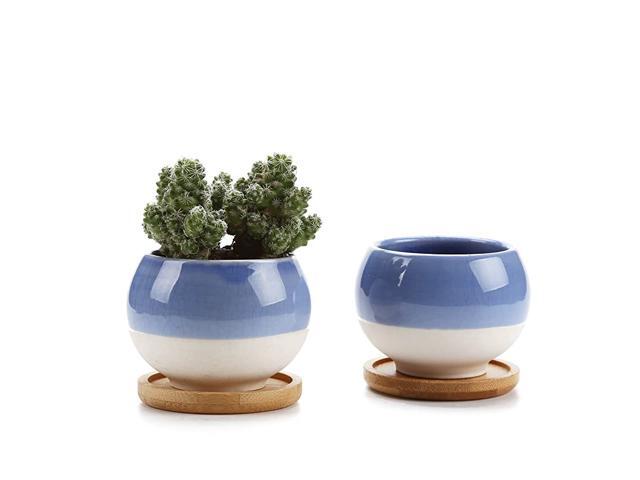 Small Succulent Planters Pots 3 Inch Ball Shape Clay Pots Cactus Container Window Boxes with Bamboo Tray Blue Set of 2