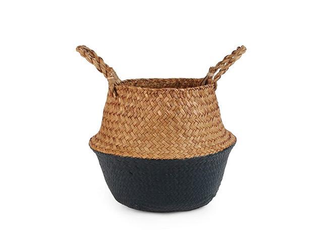 Woven Seagrass Belly Basket for Storage Laundry Picnic Plant Pot Cover and Grocery and Toy Storage Small White