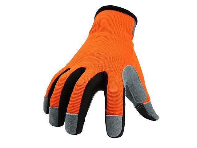 Work Gloves with Genuine Deerskin Palm and Sensitive Touch Screen Fingertips for Work Gardening DIY Mechanics Perfect for Women OrangeRedSmall