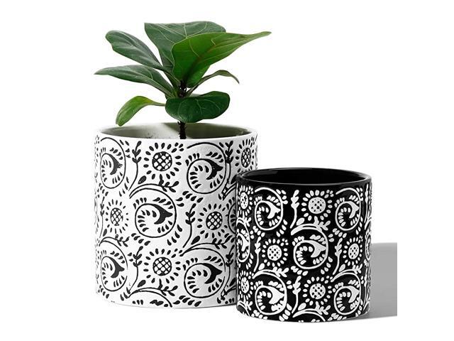051802 Planter Pots with Drainage Holes 59 +47 Inch Ceramic Cylinder Planters Indoor with Black Pattern for Christmas Plants Flower Succulent Set of 2