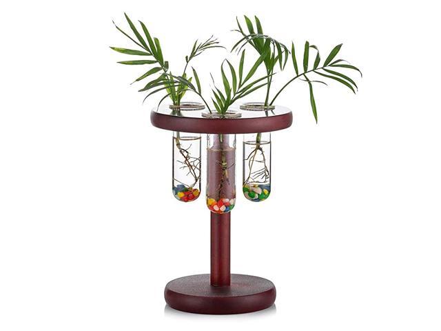 3 Test Tube Planter Modern Flower Bud Vase with Wood Stand Round Tabletop Terrarium Burgundy for Propagating Hydroponics Plants Home Office Decoration