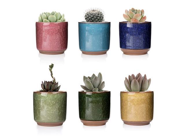 25 Inch Small Ceramic Succulent Planter Pot with Drainage Hole Set of 6 Ice Crack Glaze Porcelain Handicraft Plant Container Gift for Mom Sister