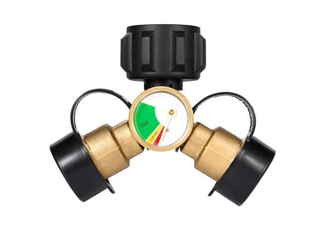 Propane Splitter 2 Way Propane Tank Y Splitter Adapter with Gauge LP Gas Tee Connector Adapter for 20lb Propane Cylinder RV Camper BBQ Grill